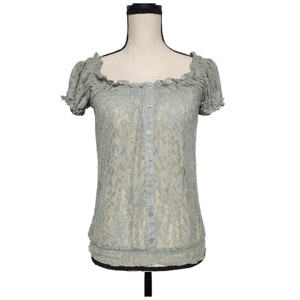 Seafoam Green Sheer Floral Lace Peplum Top Size M Y2K Fairy Cottage Coquette